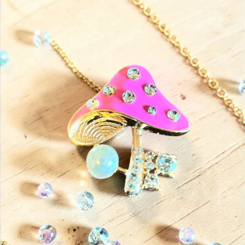 Pink Enamel Mushroom Brooch with‎ Rhinestones
